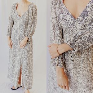 Scotch & Soda Ryan Maxi Dress Printed Black White Drawstring 3/4 Sleeve Viscose